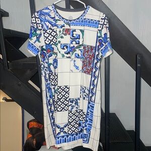Tory Burch Blue and White Patchwork Mini Dress